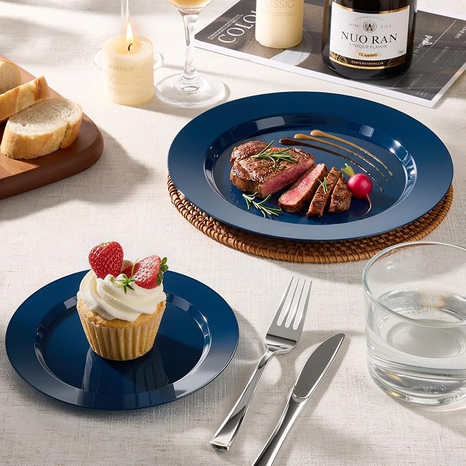 BESTVIP 200 Pack Premium Navy Blue Plastic Plates - 100 Dinner Plates 10.25" & 100 Dessert Plates 7.5" - Heavy Duty Disposable Plates for Graduation, Wedding, Holiday & Catering