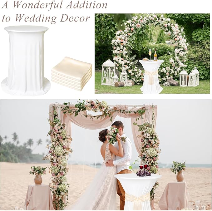 Kochorie 4 Set Cocktail Table Covers with Satin Sash, 32 x 43 Inch Round Cocktail Table Skirt, Spandex Stretch High Top Tablecloth for Wedding Banquet Birthday Party Decorations, (Ivory, Champagne)