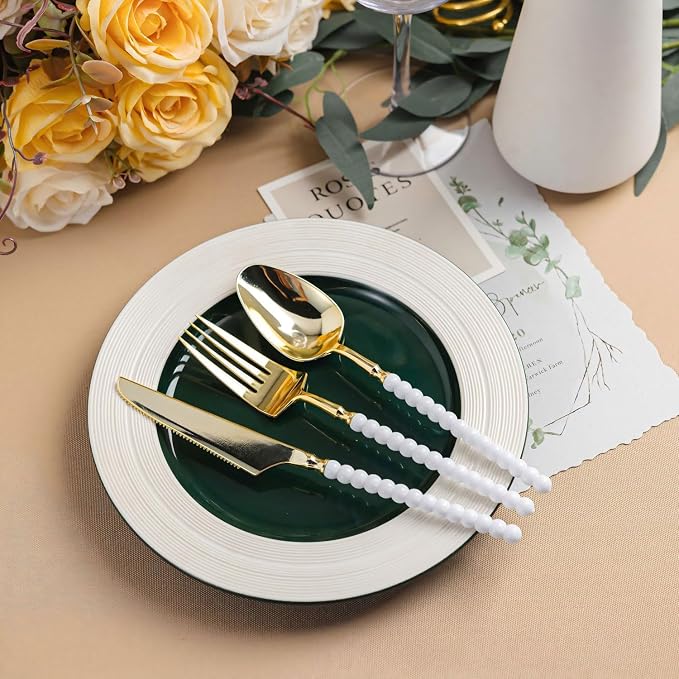 120 Pcs Gold Plastic Silverware,Gold Plastic Utensils with White Beads Handle,Fancy Disposable Cutlery Set Include 40 Forks 40 Knives 40 Spoons for Party & Wedding
