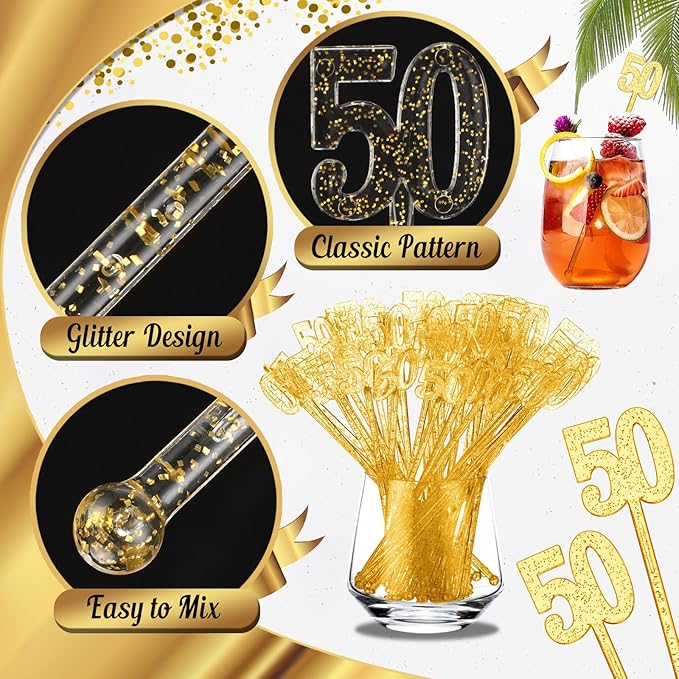 Reallnaive 100 Pcs 50th Birthday Drink Stirrers Gold Glitter Cocktail Stirrers Plastic Swizzle Sticks 7.5 Inch Fall Birthday Cupcake Toppers Sticks Bulk for Coffee Bar Cake Pops Christmas Party Favor