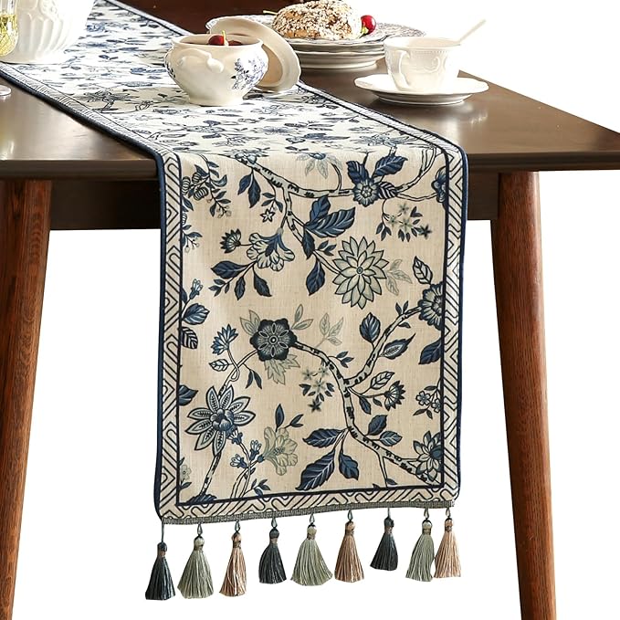 bilin gaier Blue and White Floral Linen Small Table Runner,Wrinkle-Resistant Luxury Farmhouse Decor,Decorative Vintage Runner Table Cloth for Coffee & Dining Table and Living Room,12"x63" - SuqingA