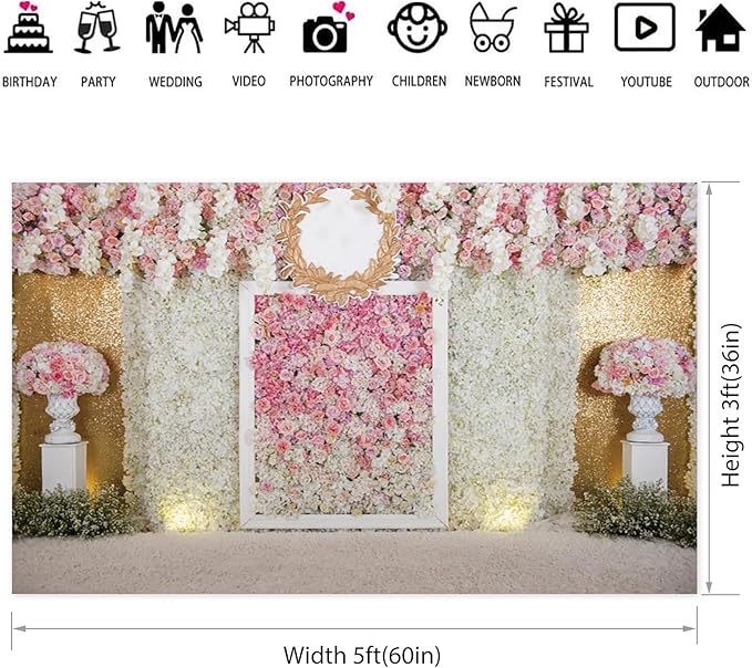 5x3ft Pink Flower Wall Photography Backdrop Proposal Ceremony Wedding Floral Photography Background Women Girl Birthday Party Bridal Shower Decor Banner Photo Booth Props