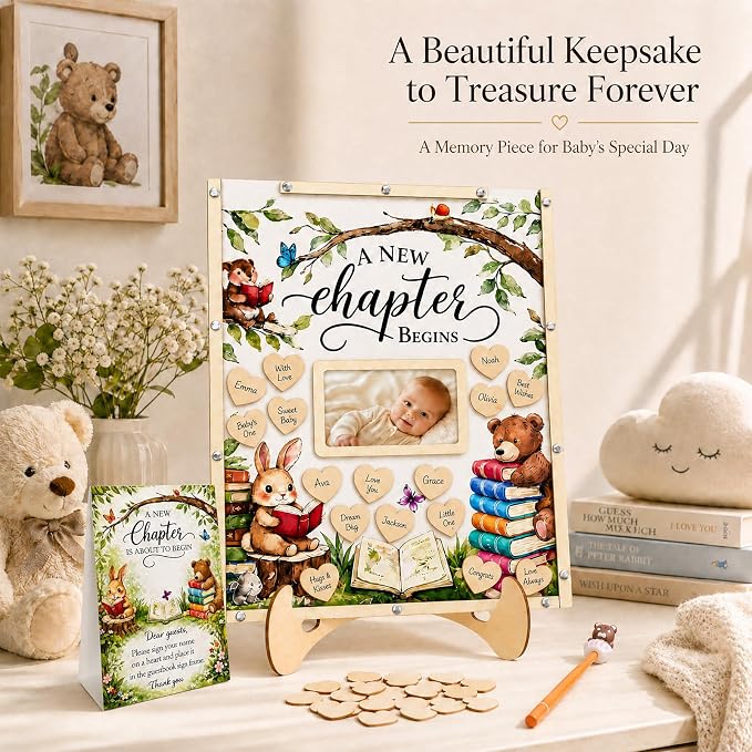 A New Chapter Begins Baby Shower Decorations,Storybook Baby Shower Guest Book Alternatives with Pen,Photo Frame and 60 Heart Wood Slices for 60 Guests,Book Themed Party Decoration
