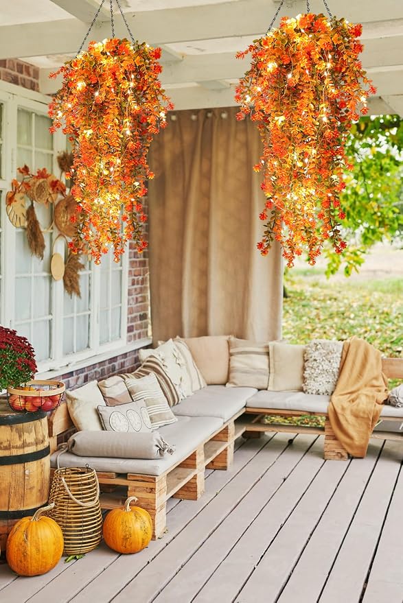 RECUTMS Fall Artificial Flowers - Faux Hanging Plants with Lights for Thanksgiving Indoor/Outdoor Wedding & Garden Party (Salmon)