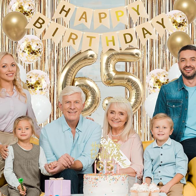 Trgowaul 65th Birthday Decorations for Women, Banner, Sash and Crown, Cake Topper, 65 Number Balloon, Fringe Curtains, Champagne Gold 65th Birthday Party Supplies