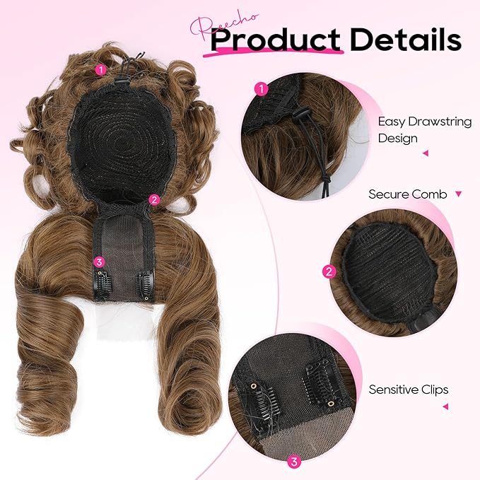 REECHO Messy Bun Hair Piece with Bangs - 2-in-1 Hair Bun Hairpieces Curly Updo Wig & Hair Topper with Long Side Bangs Natural-Looking Drawstring Ponytail Extension for Women - Chestnut Brown