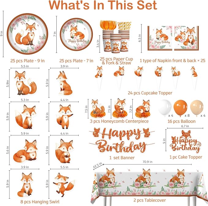 Xynic 205pcs Fox Birthday Decorations Serves 25 - Fox Party Supplies for Kids Birthday, Woodland Birthday Kit with Balloons, Banner, Tableware, Cake Topper, Forest Animal Themed Celebration