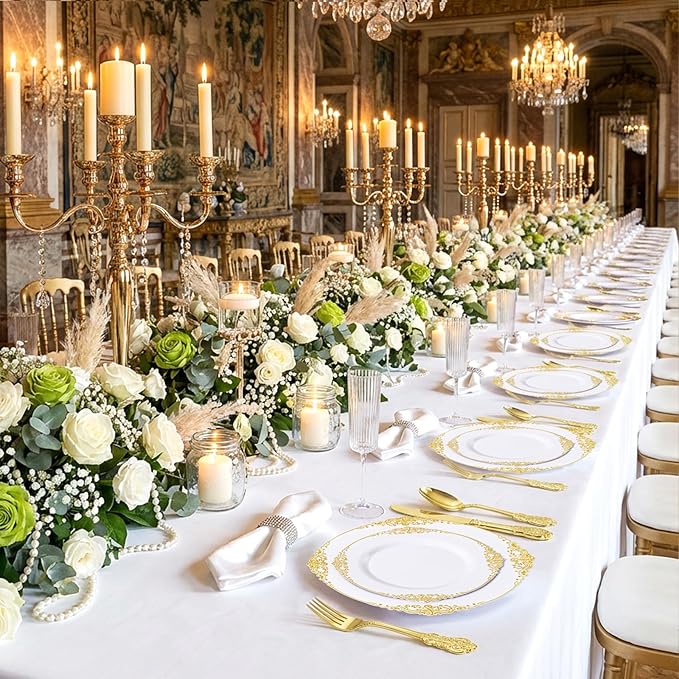 200PCS White and Gold Plastic Plates - Gold Disposable Plates - Gorgeous Wedding Plate 10inch Dinner & 7.25inch Dessert Plate for 100 Guests for Wedding & Party