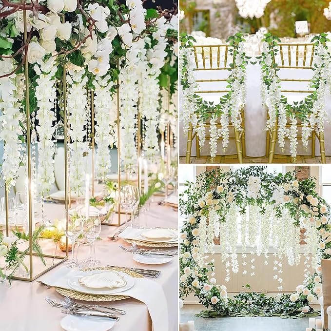 Pauwer Wisteria Hanging Flowers 12 Pack Fake Flower Garland Artificial Wisteria Vines Rattan Silk Flower String Wedding Party Wall Decorations,White