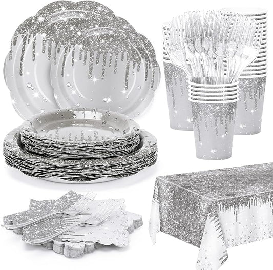 Silver Iridescent Plates and Napkins Party Supplies Set, Scalloped Disposable Plates Cups Napkins Forks Tablecloth for Birthday Baby Shower Bridal Shower Disco Wedding Decorations, Serves 24 Guests