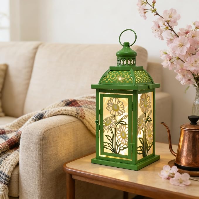Spring Decorations for Home, 14.4" Decorative Daisy Green Lantern with 61" LED Lights(No Battery) for Home Indoor Outdoor Decor, Hanging Metal Candle Holders for Spring St.Patrick’s Day Gift