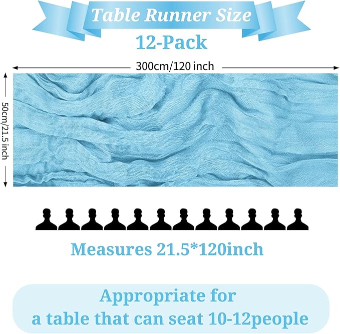 12 Pack Light Blue Cheesecloth Table Runner, 10FT Long Romantic Semi Sheer Cheesecloth Rustic Boho Table Runner for Wedding Birthday Bridal Shower Party Decorations(21.5×120 Inch)