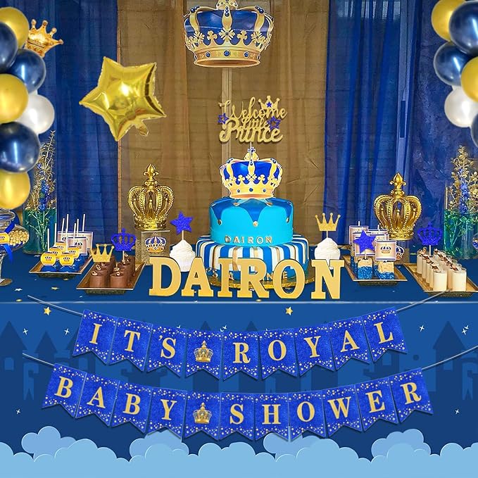 122 PCs Royal Prince Baby Shower Decorations for Boy, Fiesec A Little Prince Is On The Way Its Royal Baby Shower Backdrop Balloon Garland Banner Cake Cupcake Topper Crown Star Blue White Gold