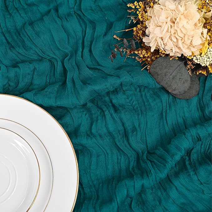 12 Pack Teal Table Runner 10Ft Cheesecloth Table Runner Rustic Gauze Table Runners Romantic Long Sheer Fabric Cheese Cloth Table Runners for Wedding Party Bridal Baby Shower