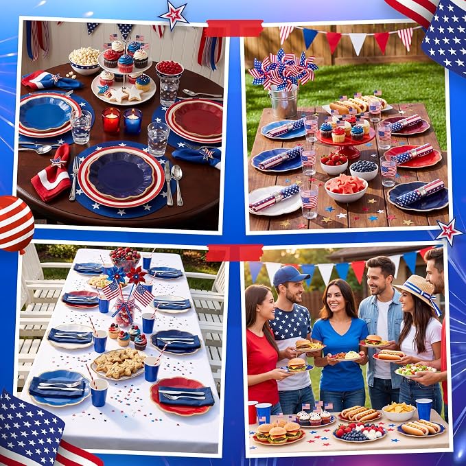 72 Pcs 4th of July Paper Plates 9 Inch Red White and Blue Scalloped Paper Disposable Dinner Dessert Plates for Memorial Day Veterans Independence Day Party Decorations