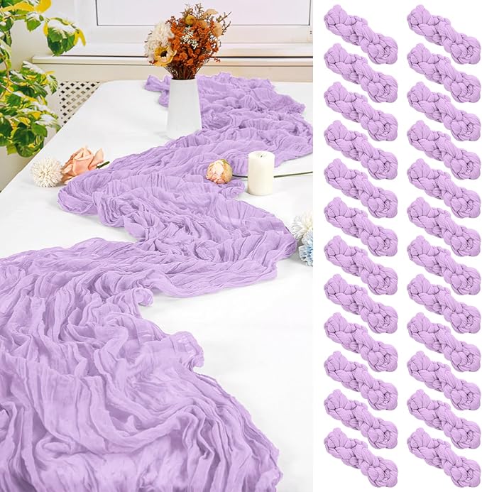 24 Pack Lavender Cheesecloth Table Runner ,10FT Cheese Cloth Table Runner for Wedding Decor, 20x120inch Rustic Boho Gauze Table Runners for Wedding Party Bridal Shower