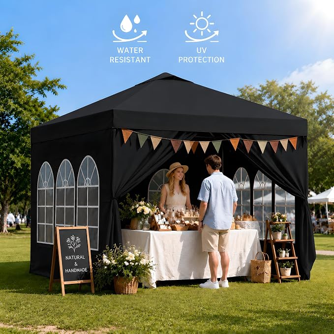 10x10 Pop Up Canopy with Sidewalls- Portable Sun Shade Beach Tent, Gazebo Heavy Duty with Cover Wheeled Bag, Ideal for Parties, Backyard, Camping (Black)
