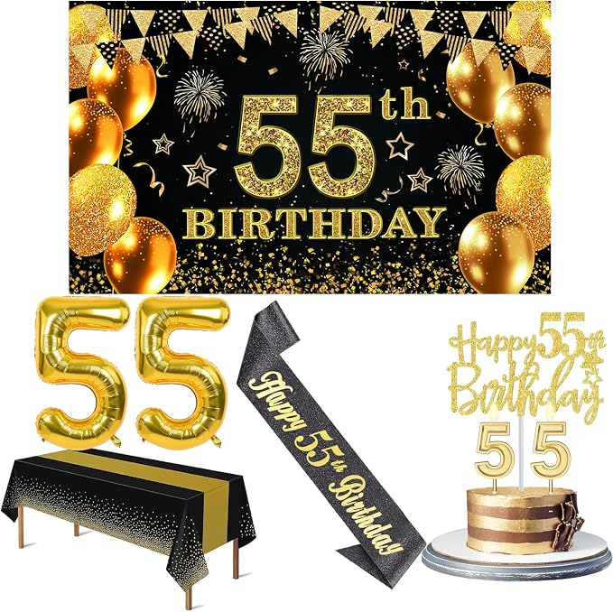 55th Birthday Decorations for Men Women with 55th Birthday Banner, Black and Gold Table Cloth, Number Balloons, Large Sash, Cake Topper and Candles
