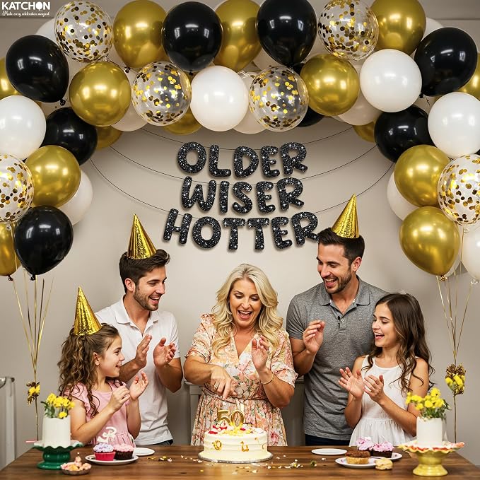 KatchOn, Older Wiser Hotter Birthday Decorations – Pack Of 51 | Black Happy Birthday Decoration Banner, Balloon Arch kit | Birthday Decorations for Men, Women | 60th 70th 50th Birthday Banner Backdrop