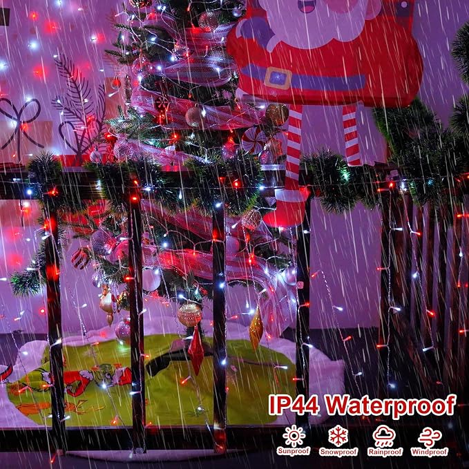 QITONG 2 Pack Battery Operated String Lights, Each 33ft 100 LED Red and White Christmas Lights Outdoor Waterproof, 8 Modes Clear Wire Twinkle Fairy Lights Indoor with Remote