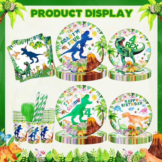 148ps Roar I’m Four Dinosaur 4th Birthday Decorations Boy Dinosaur 4th Bday Tableware Jungle T-rex 4 Rex Dino Plates Napkins Cups Banner Tablecloth Dino Party Supplies Decor Serve 24