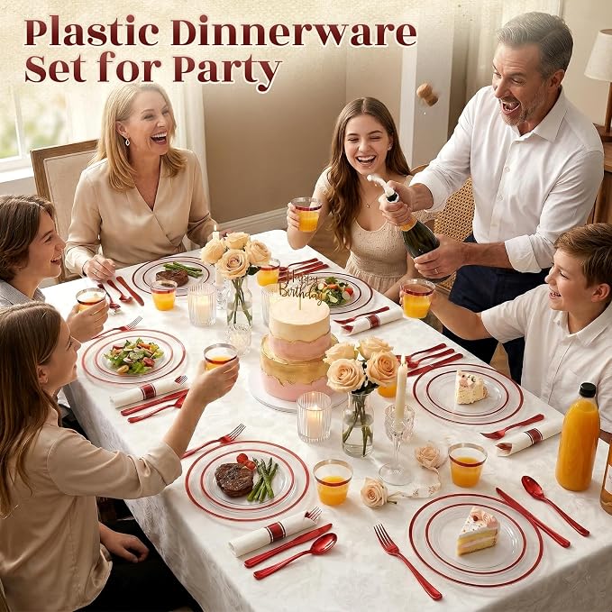 175pcs Plastic Plates for Party Clear & Red | Disposable Plastic Dinnerware Set for 25 Guests Include 50 Plastic Plates,25 Cups & 25 Pre Rolled Napkins with Cutlery Set