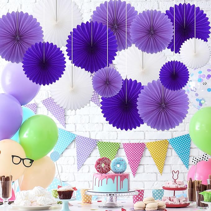 MotiMind 24 Pcs Purple and White Paper Fans Purple Party Decorations Classroom Decor Wall Background Ceiling Hanging Decoration for Birthday Wedding Baby Bridal Shower Engagement Party Decor