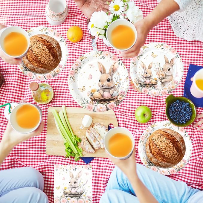 400 Pcs Bunny Birthday Party Decorations for 50 Guests, Pink Floral Bunny Paper Plates and Napkins Cups Cutlery Rabbit Disposable Tableware Set for Spring Baby Shower Birthday Supplies