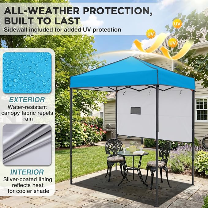 EAGLE PEAK 6x4 Instant Pop Up Canopy Tent with 1 Half Wall Panel, Straight Leg Sun Shelter, Portable Canopy with Carry Bag for Camping, Beach & Sports, Light Blue