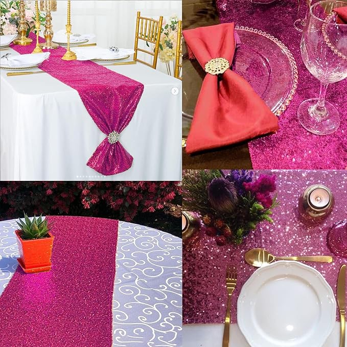 12 Packs Sequin Table Runner Hot Pink 12 X 108 Inch Glitter Dining Table Runner for Birthday Wedding Engagement Bridal Baby Shower Bachelorette Holiday Celebration Party Supplies Decorations