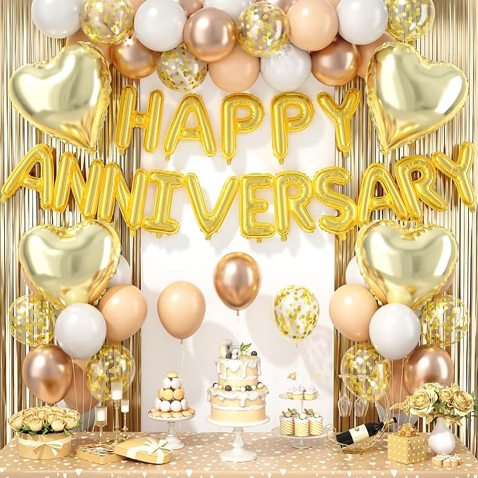 Anniversary Decorations Gold Sand White,Happy Anniversary Balloon Banner with Heart Foil Balloons Fringe Curtain for Wedding Party Valentine's Day Romantic Night