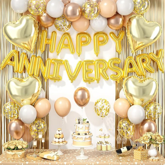 Anniversary Decorations Gold Sand White,Happy Anniversary Balloon Banner with Heart Foil Balloons Fringe Curtain for Wedding Party Valentine's Day Romantic Night