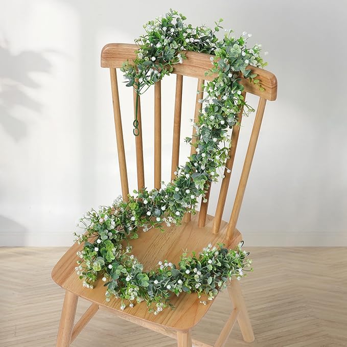 SOMYTING Faux Eucalyptus Garland 4 Pack Fake Vines Hanging Eucalyptus Babys Breath Greenery Garland Spring Garland for Mantle Table Wedding Backdrop Arch Party Wall Decor (4PCS)