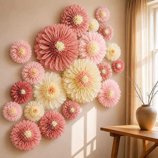 Giegxin 20 Pcs 31.5'', 23.6'', 11.8'', 9.8'' Pink Giant Paper Flower Boho Large Tissue Flower for Wall Pink Pom Pom Floral Decoration for Wall Wedding Bridal Shower Classroom Tea Party Birthday Decor