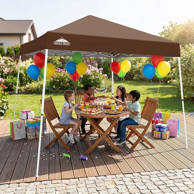 EAGLE PEAK 10x10 Slant Leg Pop-up Canopy Tent Easy One Person Setup Instant Outdoor Beach Canopy Folding Portable Sports Shelter 10x10 Base 8x8 Top (Dark Brown)