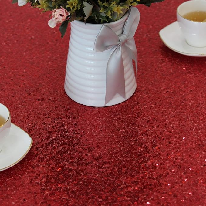 Red Sequin Tablecloth for Parties 132 Inch - Sparkle Glitter Cloth Round Table Cover Overlay for Wedding Baby Shower Ceremony Birthday Cake Table Holiday Banquet Decoration