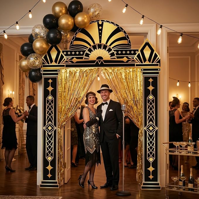 Peryiter 5 Pcs 1920s Party Decorations with Gold Foil Curtain Backdrop Roaring 20's Themed Backdrop Awards Night Party Decor for Vintage Black Gold Art Event for Halloween, New Year, Birthday