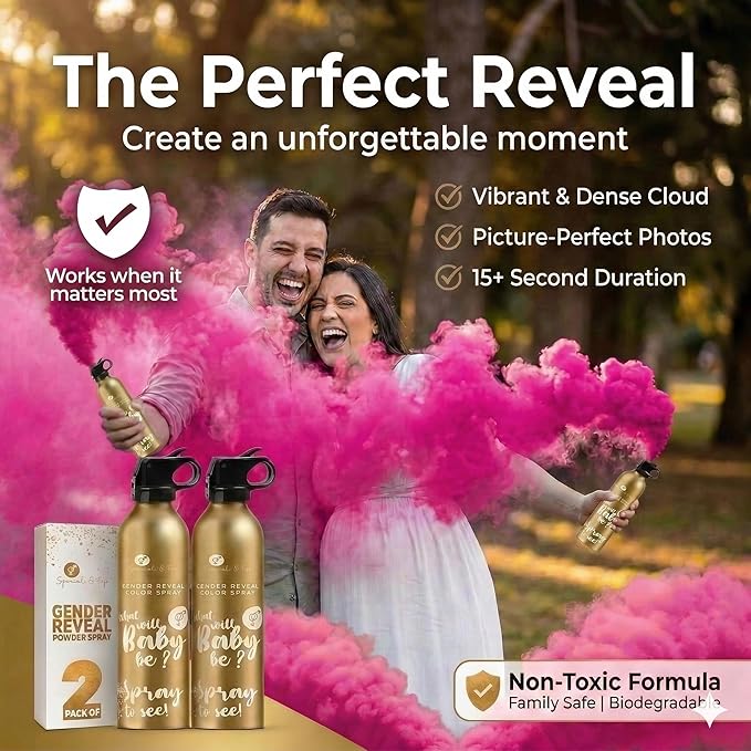 Gender Reveal Smoke Bombs Set – 2 Pack Gender Reveal Fire Extinguisher Spray (Pink, 300g Each) – Non-Toxic Cornstarch Cloud for Baby Girl Reveal Party Ideas, Pregnancy Announcement – Stickers Included
