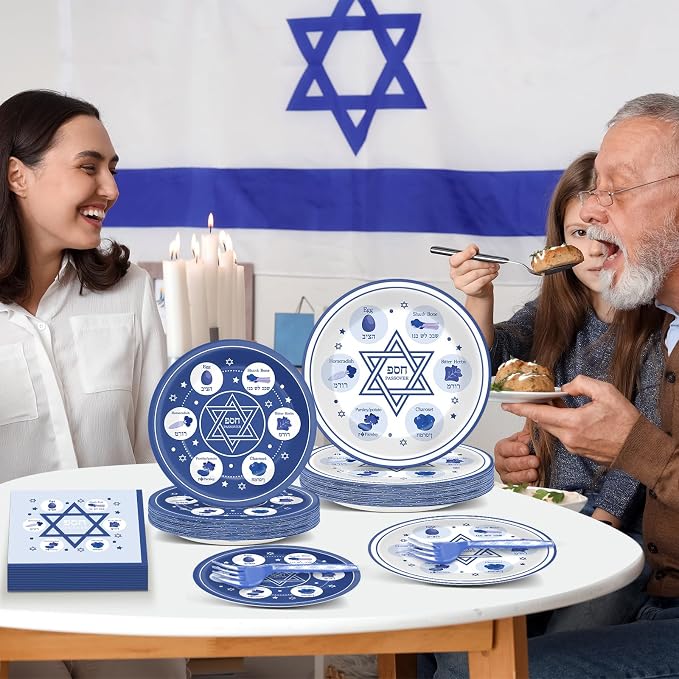 96Pcs Passover Paper Plates and Napkins Passover Seder Party Supplies Renaissance Design Tableware Party Decorations Happy Pesach Plates Dinnerware for Jewish Holiday Pesach and all Seder 24 Guests