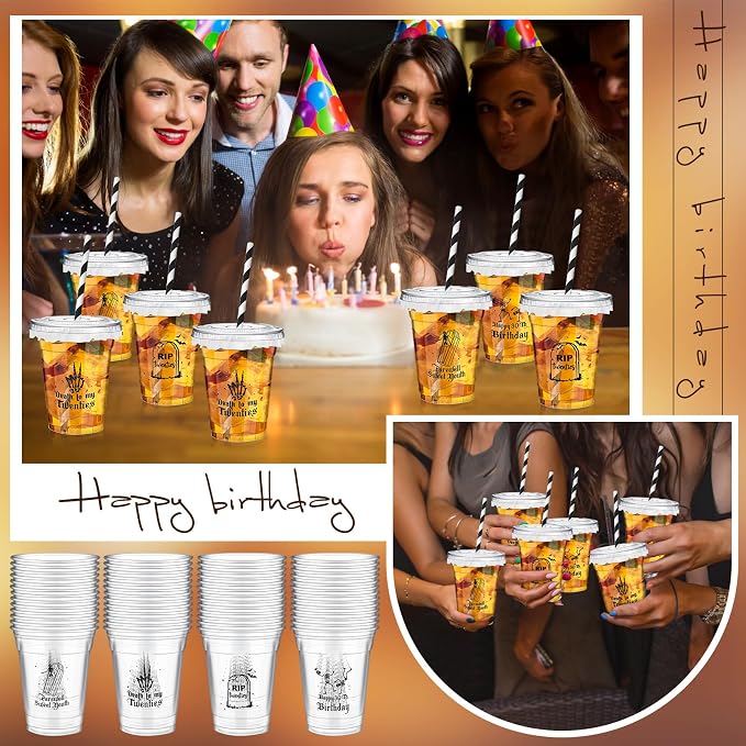 FoldTier 50 Pcs Death to My 20s Party Cups, Disposable Plastic Cups with Straws and Lids Clear mug Birthday Party Supplies for Kids Birthday Table Decorations