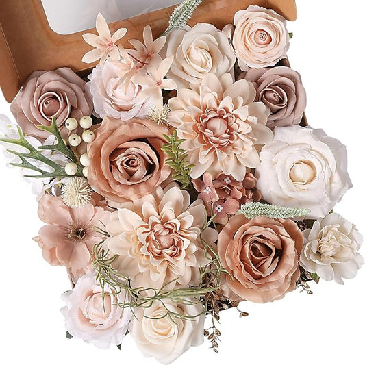 Garisey Artificial Flowers Combo, Mix Silk Flowers Roses, Peonies, Dahlias with Stems for DIY Wedding Bridal Bouquet, Baby Shower, Table Centerpieces, Home Decor, Fake Floral Arrangements-Boho Nude