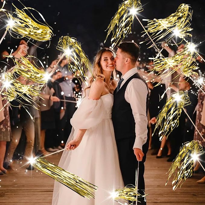 Drixbor 100 PCS Light Up Wedding Wands - LED Tinsel Streamers for Wedding Send Off & Grand Entrance, Party Favors for Weddings Birthdays Christmas (Gold)