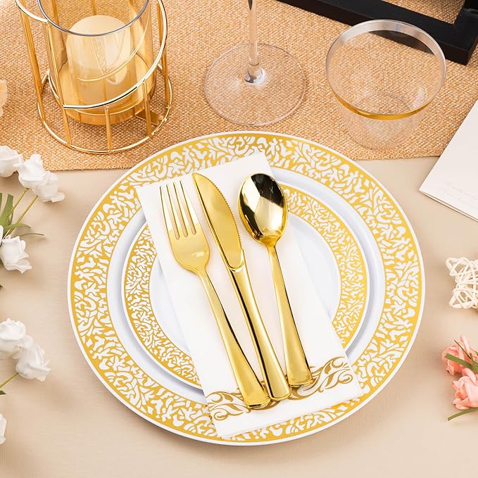 Bestluck 175PCS Gold Plastic Dinnerware Set for 25 Guests, Disposable Plates for Party, Wedding and Dinner, Include 25 Dinner Plates, 25 Dessert Plates, 25 Set Silverware, 25 Cups, 25 Napkins