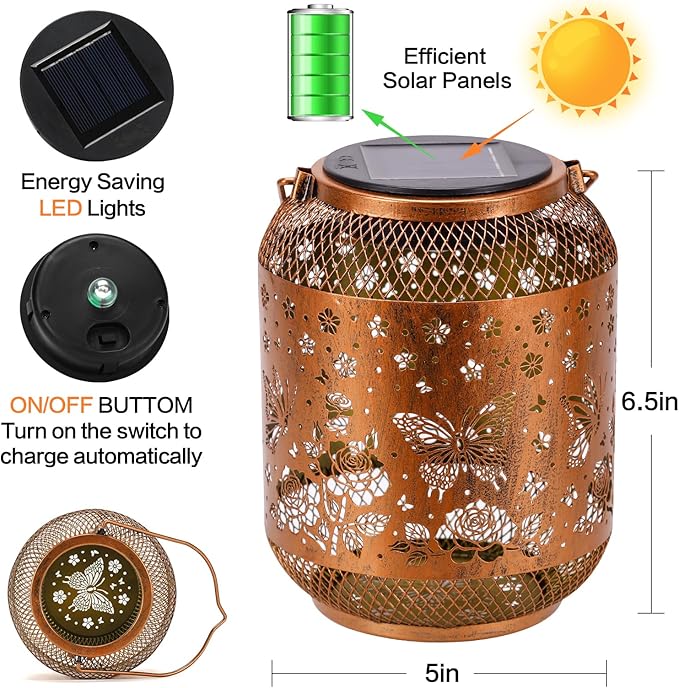 Butterfly Solar Lanterns Outdoor Waterproof Rose Garden Decor Gifts for Mom Women Grandma Metal Hanging Solar Lights Outdoor Decoration for Patio,Yard,Porch,Backyard