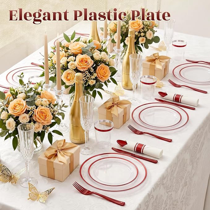 350pcs Plastic Plates for Party Clear & Red | Disposable Plastic Dinnerware Set for 50 Guests Include 100 Plastic Plates,50 Cups & 50 Pre Rolled Napkins with Cutlery Set