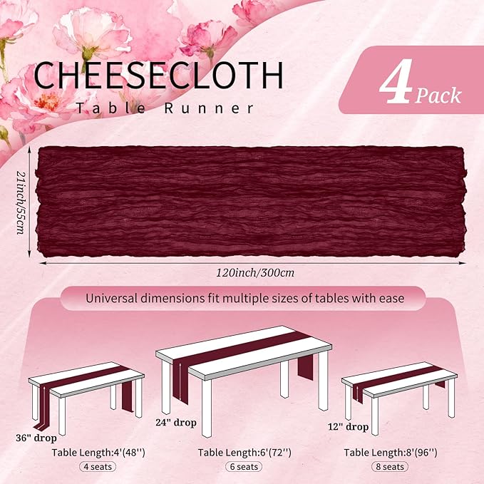 4 Pack Cheesecloth Table Runner 10FT Burgundy Red Table Runner Boho Gauze Cheese Cloth Table Runners Long Rustic Sheer Table Decorations for Wedding Party Baby Bridal Shower Birthday Holiday Home