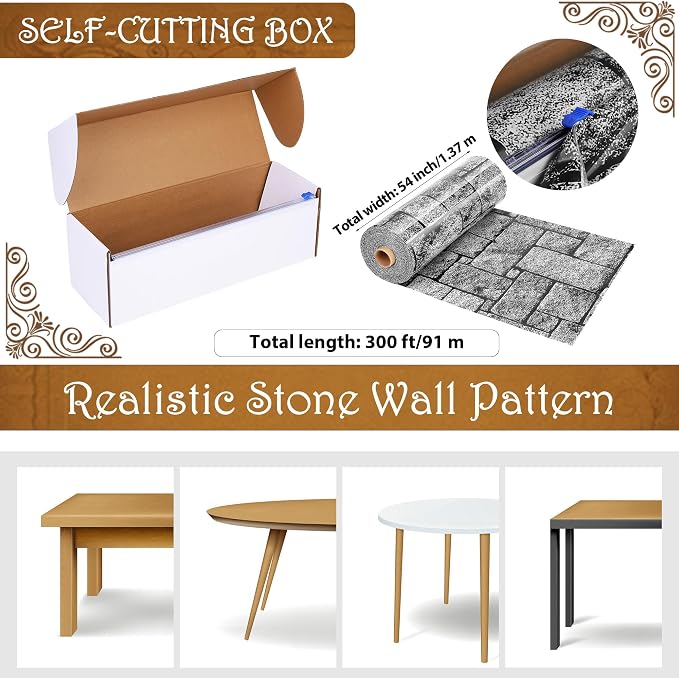 Kochorie 300 Ft X 54 Inch Stone Wall Tablecloth Roll with Cutter Box Disposable Plastic Stone Table Cover Medieval Stone Brick Table Cloth Dirt Floor Wall Backdrops for Farm Wedding Birthday Party