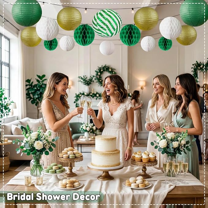 Green and Gold Party Decorations - 16Pcs Hanging Green White and Gold Paper Lanterns & Honeycomb Balls for Graduation Decorations 2026, Birthday, Baby Shower & Wedding Party Supplies