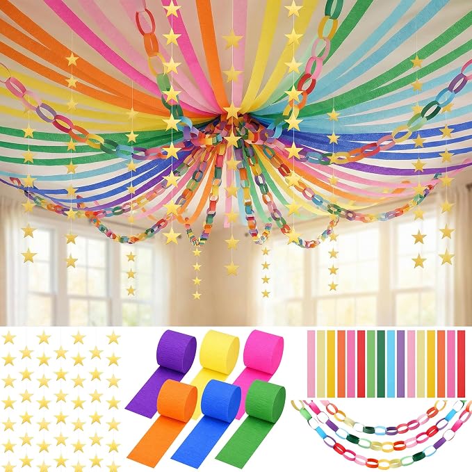 1000 Sheet Paper Chain Strips and Star Garland Set, Rainbow Paper Chains and 65 ft Gold Stars Decor with 492 ft Crepe Paper Streamers for DIY Crafts Pride Month Birthday Wedding Theme Party