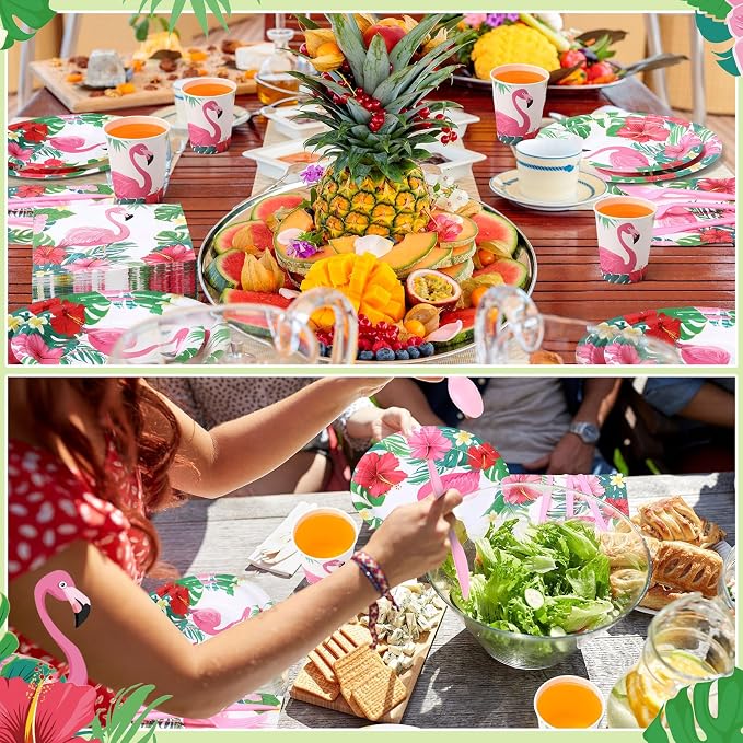 Funnymoom 400 Pcs Hawaii Flamingo Party Supplies for 50 Guests Tropical Flower Disposable Plates Napkins Cups Spoons Forks Knives for Summer Beach Birthday Hawaii Decorations